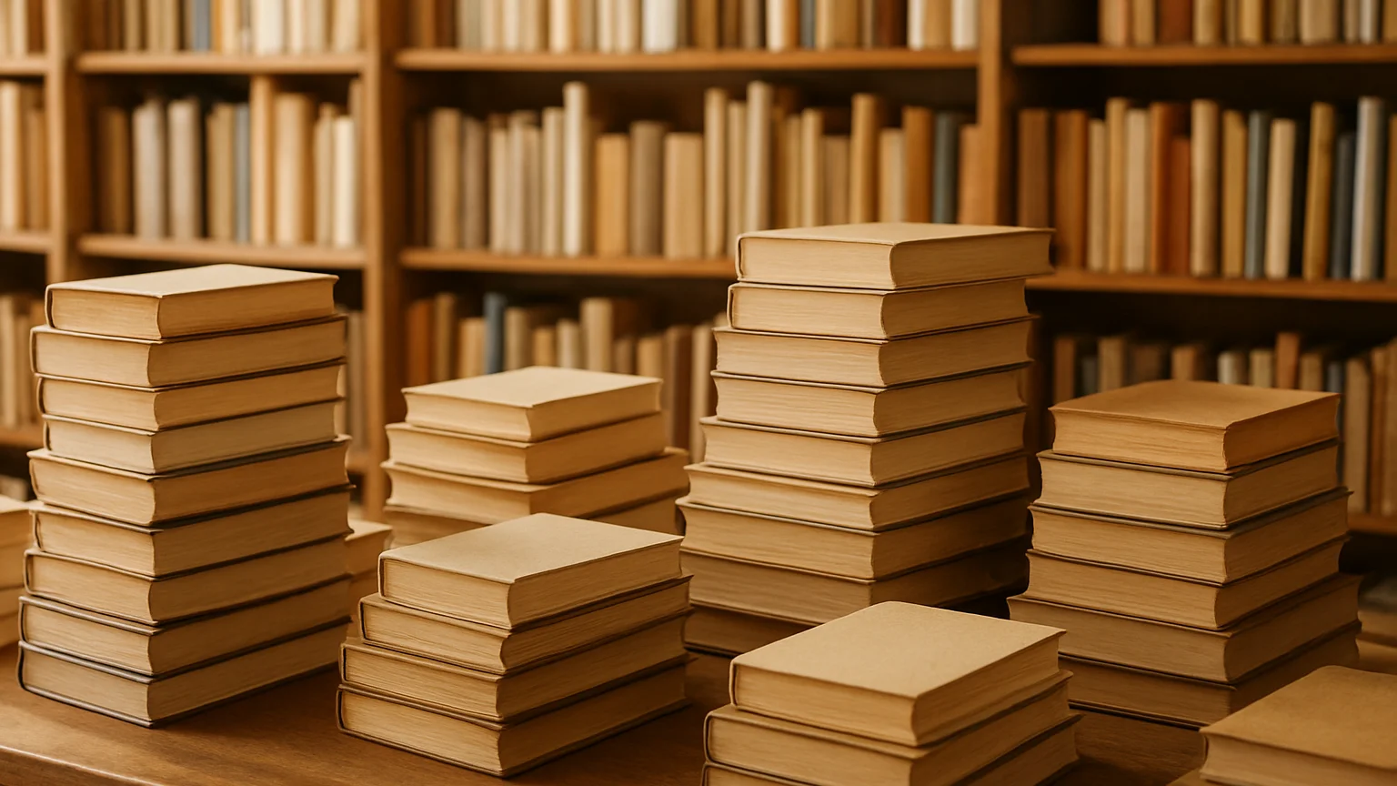 Varied book stacks and shelves in soft daylight, individual books