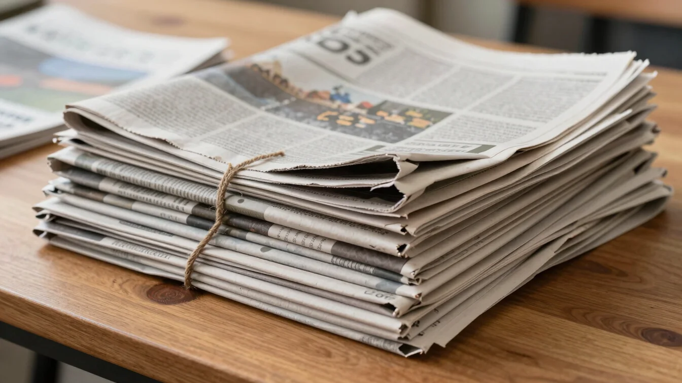 A neat stack of folded newspapers and printed editions on a woode