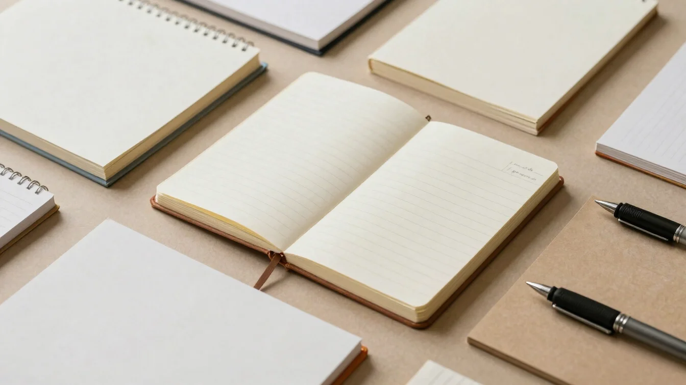 Overhead arrangement of notebooks, pens, and paper goods on warm
