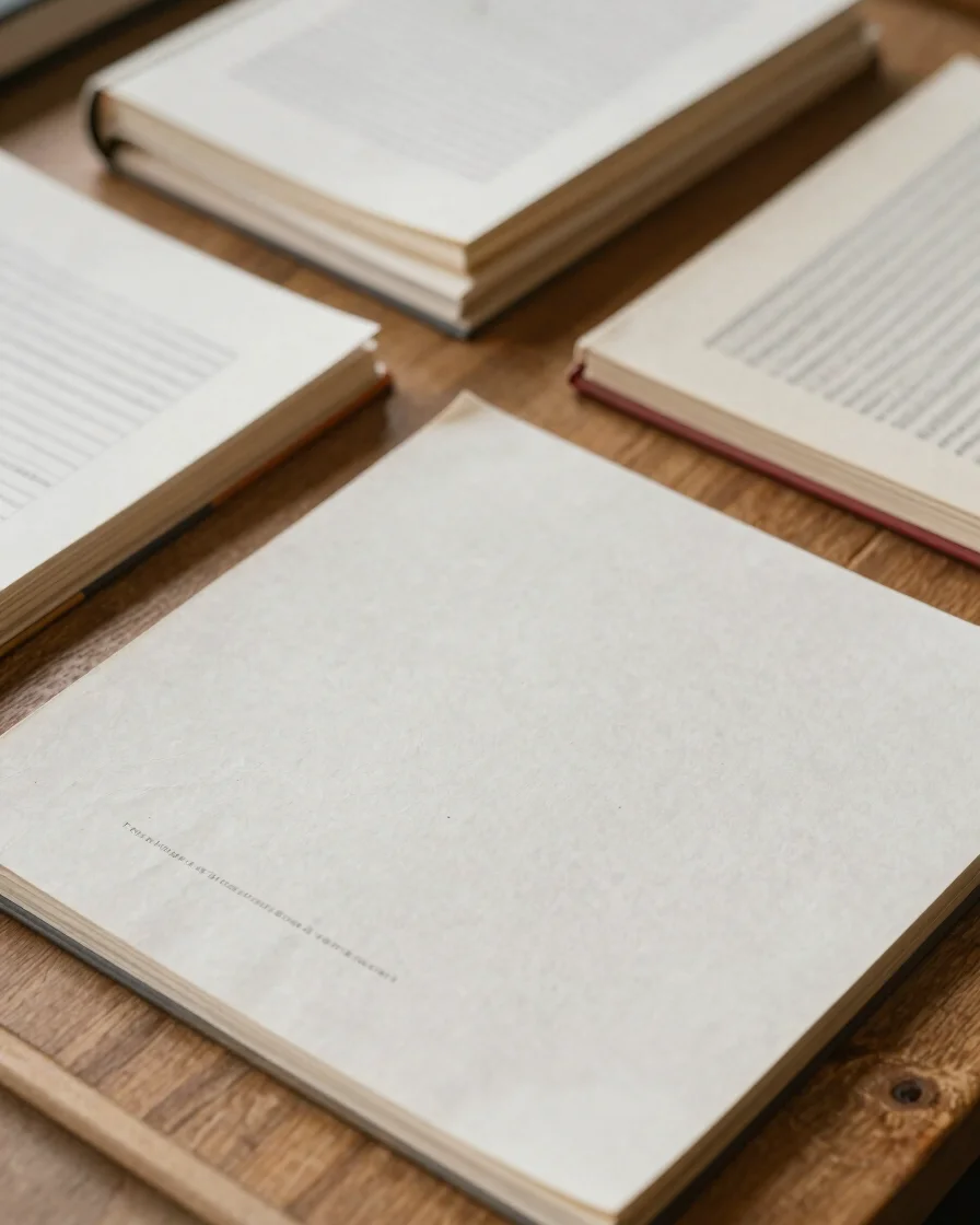 Close detail of paper, bound volumes, and a journal on a warm wooden surface, soft natural daylight, subtle ink accents,