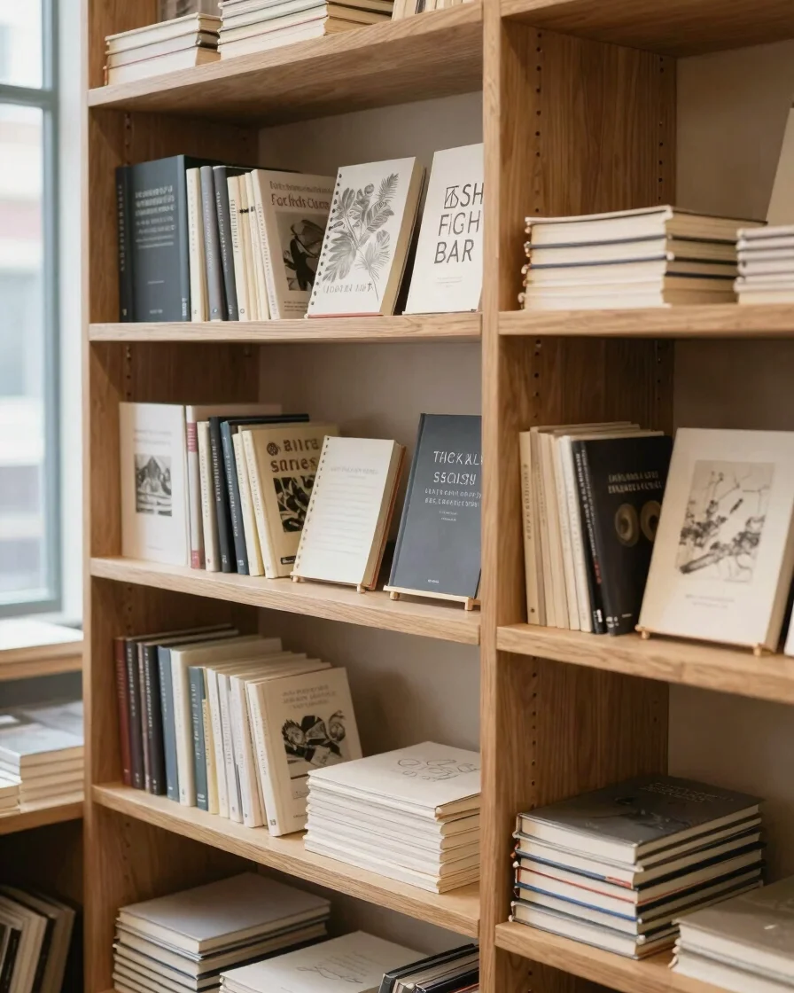 Editorial retail photography of natural wood shelves filled with varied bound books and a few neatly stacked notebooks,