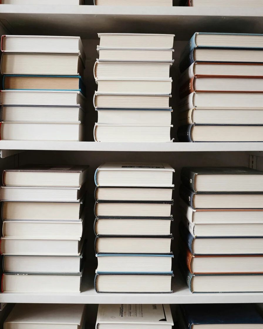 Varied book stacks and an open shelf in soft natural daylight, wa